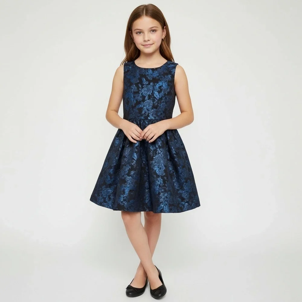 The Childrens Place Girls Dress Size 6 Blue Black Metallic Floral Jacquard Party